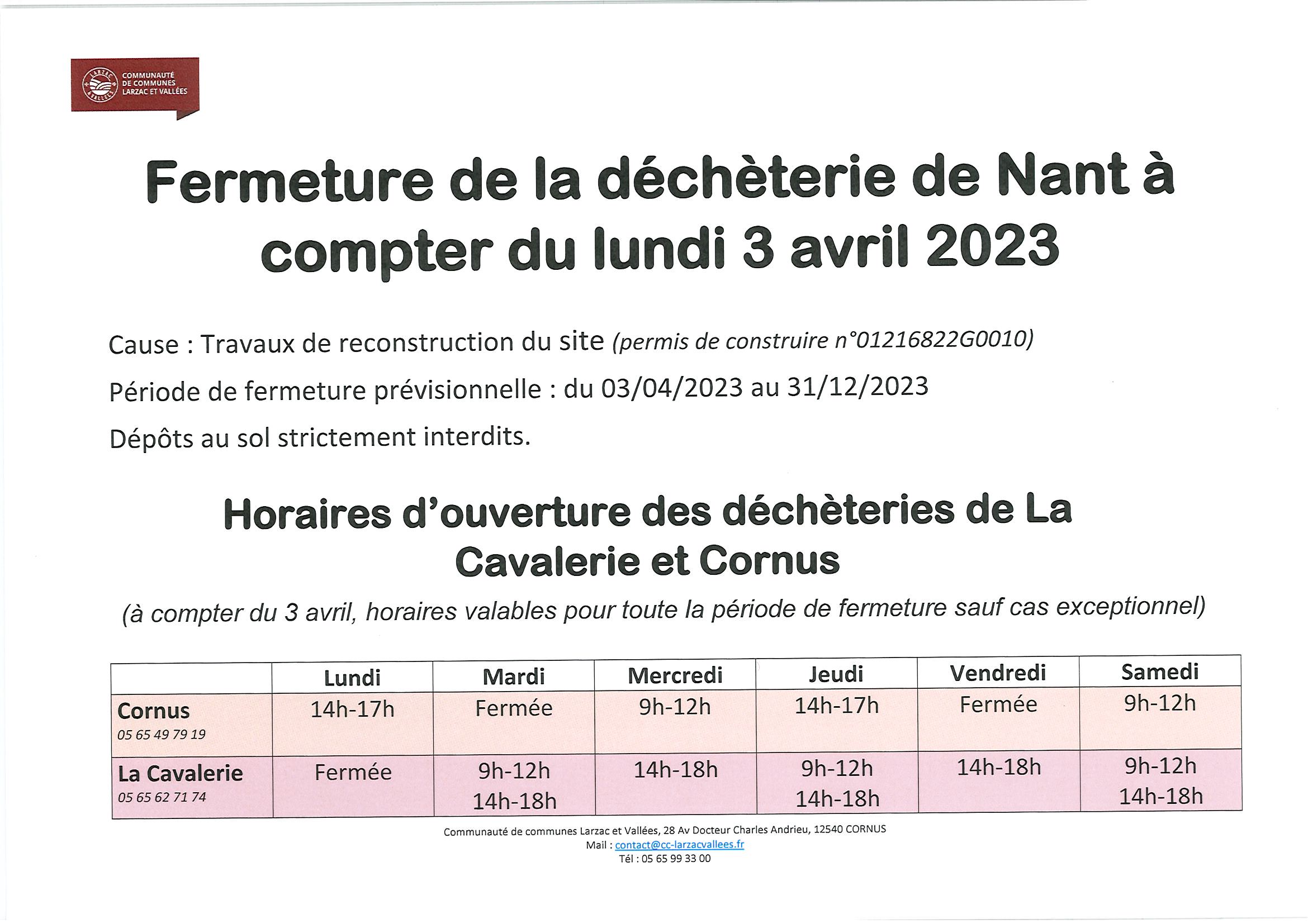 Lire la suite à propos de l’article FERMETURE DE LA DECHETERIE DE NANT DU 3 AVRIL AU 31 DECEMBRE 2023