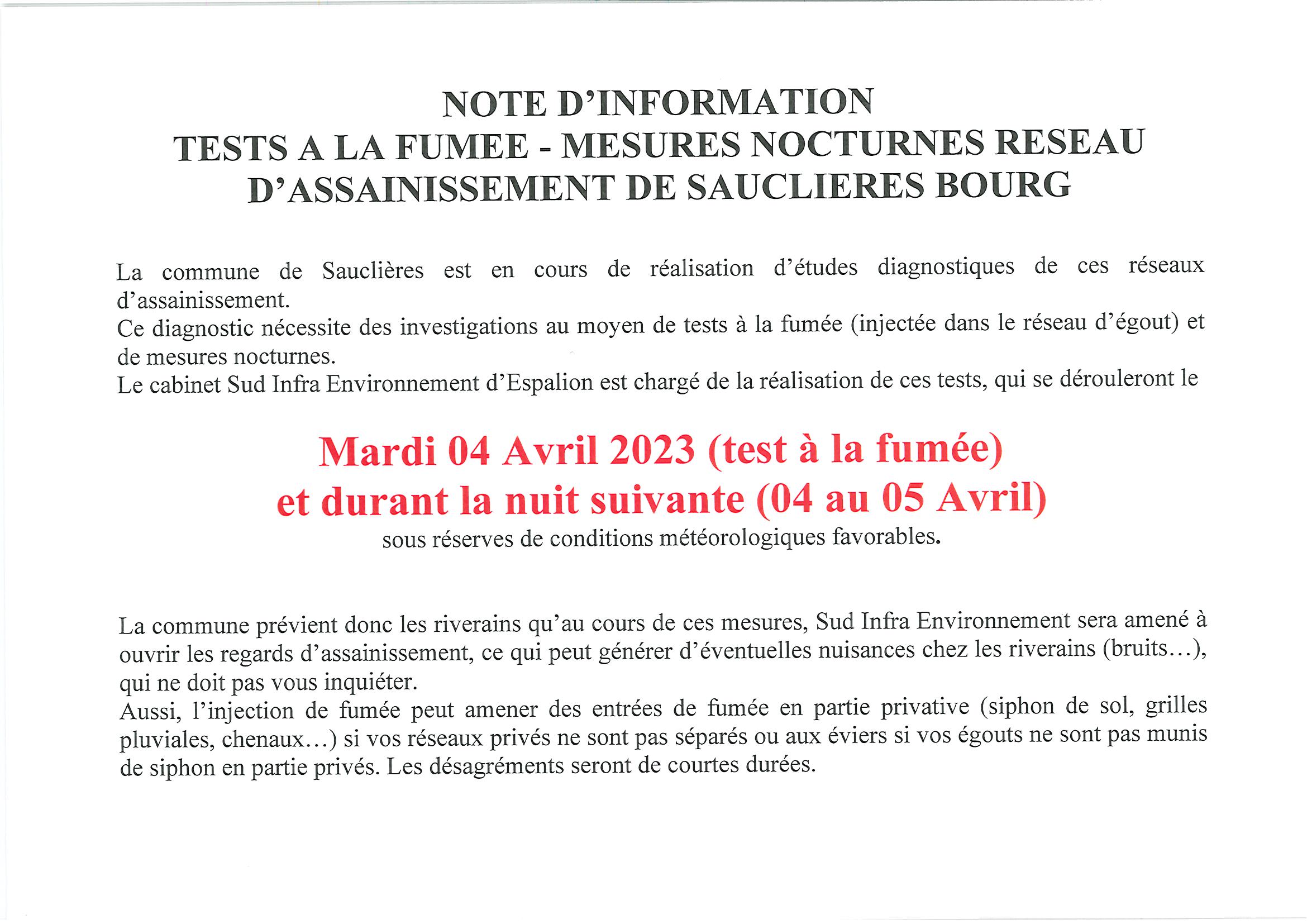 Lire la suite à propos de l’article NOTE INFORMATION – TEST DE FUMEE LES 4 ET 5 AVRIL 2023