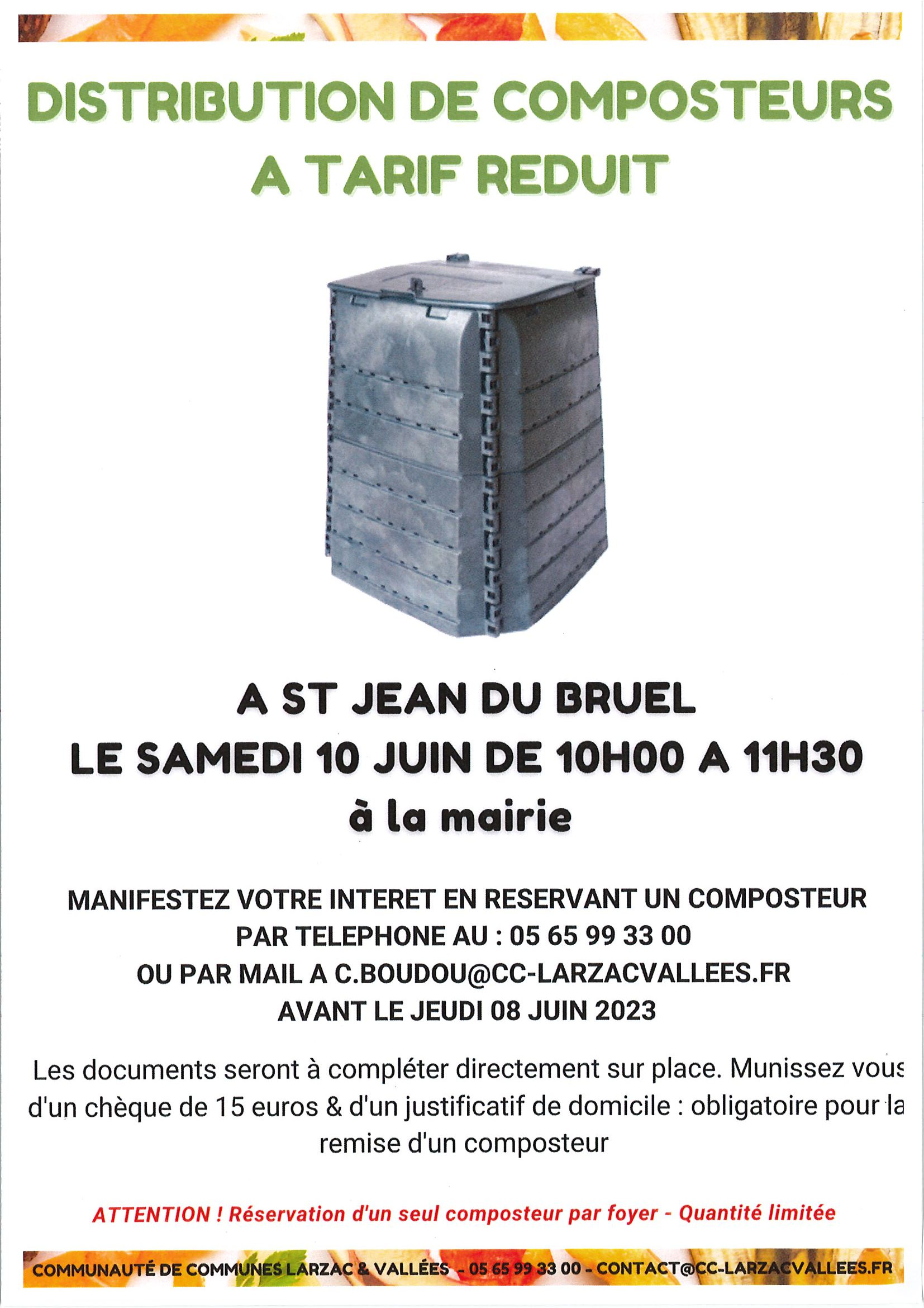 Lire la suite à propos de l’article DISTRIBUTION DE COMPOSTEURS A TARIF REDUIT LE 10 JUIN DE 10H A 11H30 A LA MAIRIE DE SAINT JEAN DU BRUEL