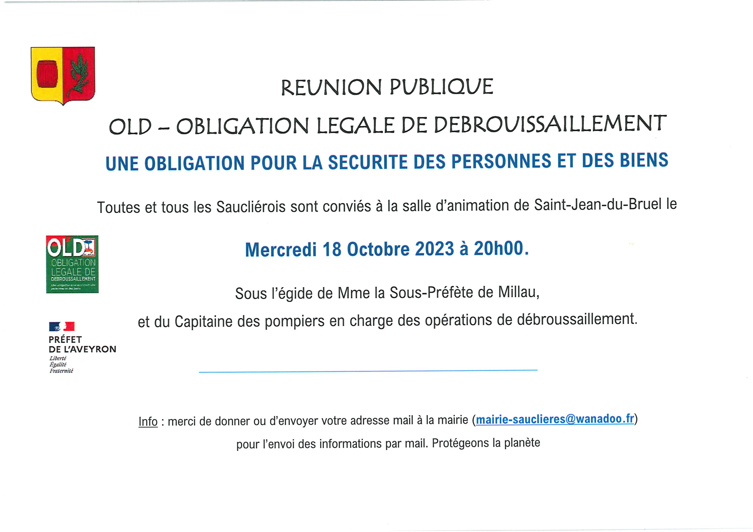 Lire la suite à propos de l’article REUNION PUBLIQUE POUR LES OBLIGATIONS LEGALES DE DEBROUSSAILLAGE LE 18/10/2023 A 20H A SAINT-JEAN-DU -BRUEL