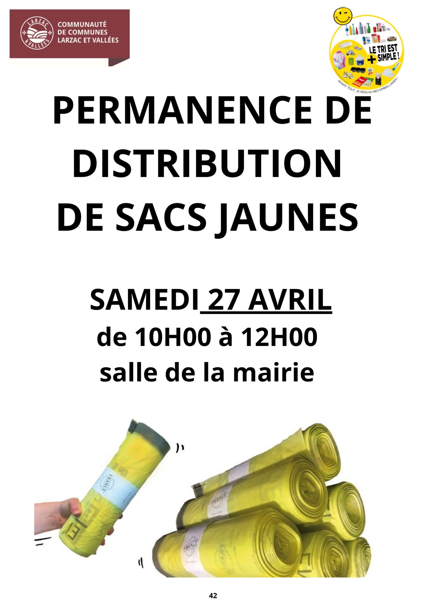 Lire la suite à propos de l’article PERMANENCE DE DISTRIBUTION DE SACS JAUNES – SAMEDI 27 AVRIL DE 10H A 12H